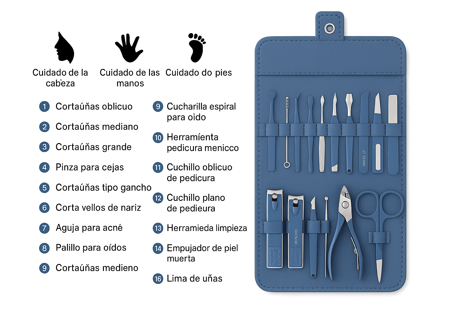 Kit Manicure y Pedicure 16 Piezas con Estuche