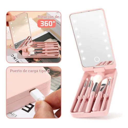 Espejo LED Plegable con Brochas Integradas